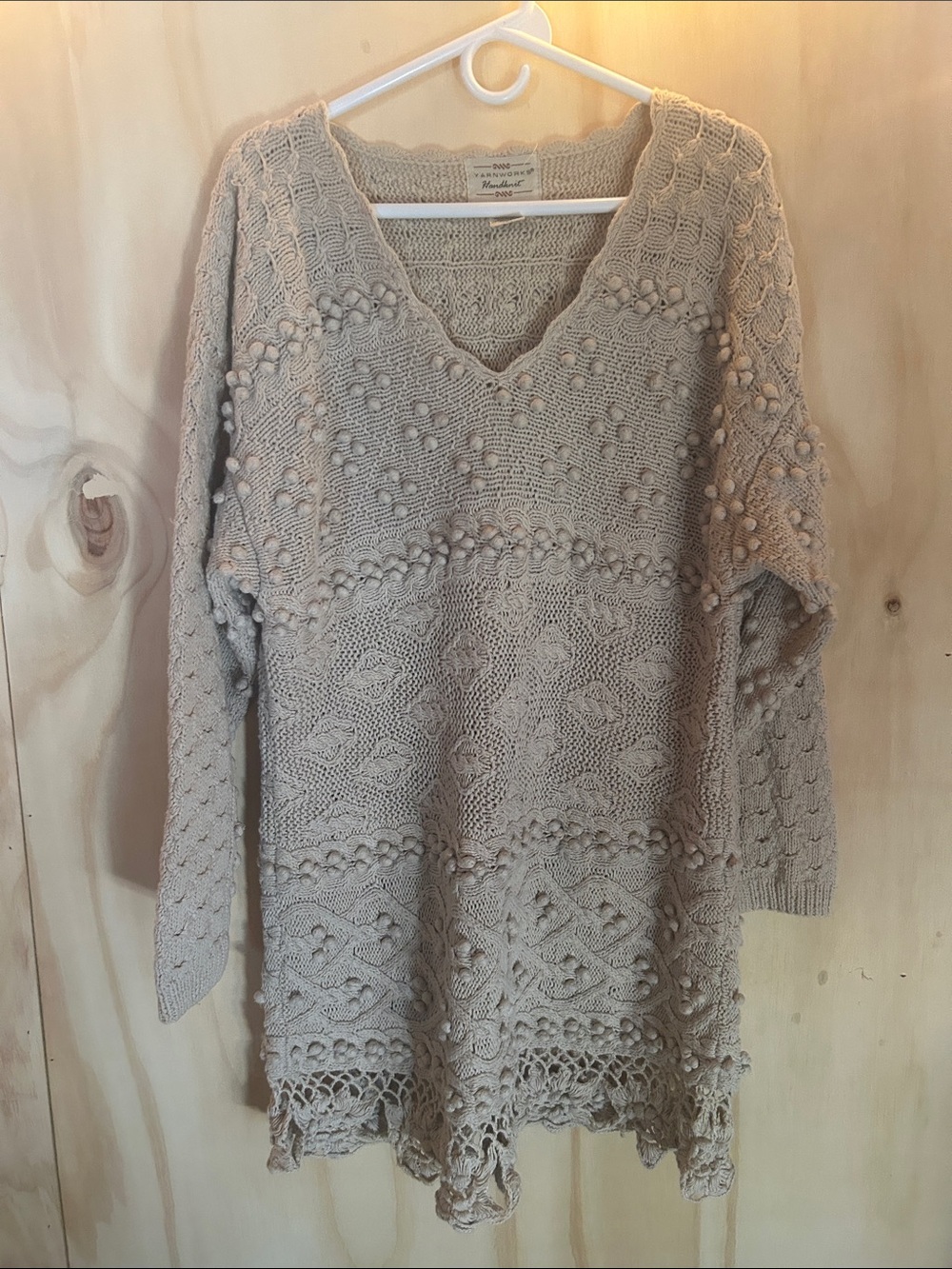 Yarnworks vintage  Boho Knit V-Neck Pom-Pom Sweater Tunic in Beige